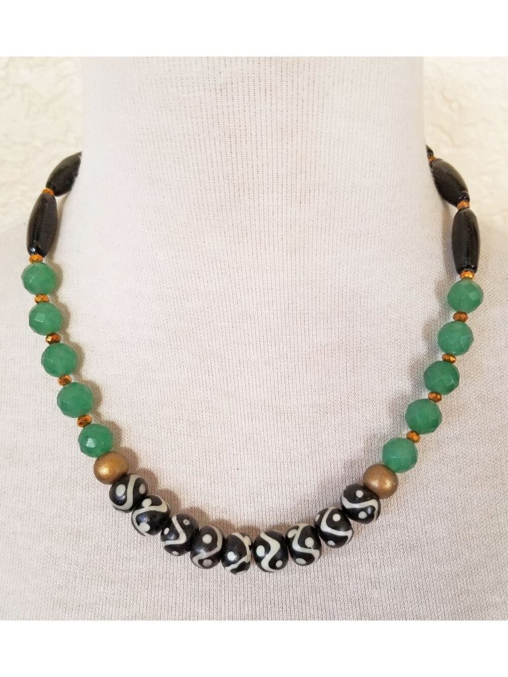 Kelly Green Aventurine & Black Onyx Tribal Print Statement Necklace